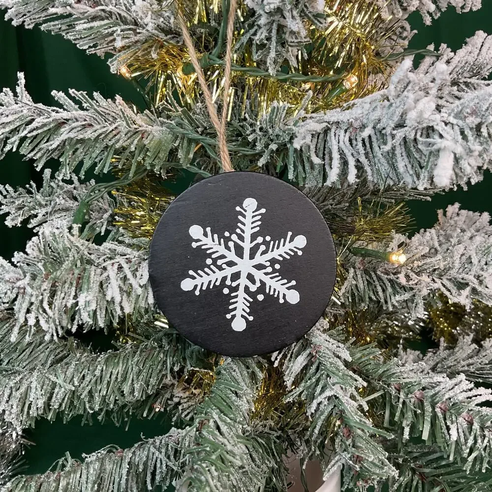 Set of 3 Black Wood Snowflake Christmas Ornaments Painted White Rustic